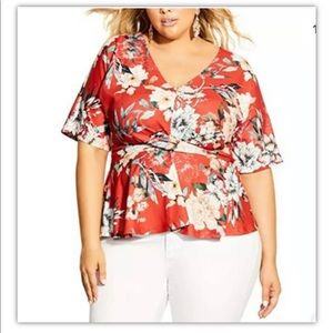 City Chic Peplum Twist Front Floral Print Blouse Top Orange V-Neck Plus Size 24